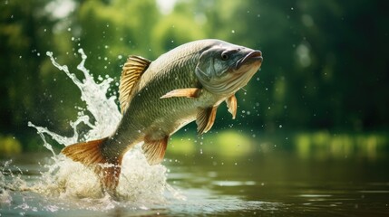 Bass fishing. Largemouth perch fish jumping with splashing in water - obrazy, fototapety, plakaty