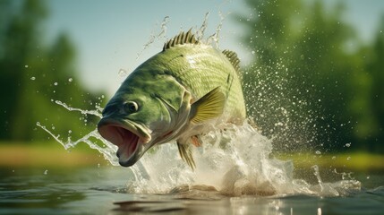 Bass fishing. Largemouth perch fish jumping with splashing in water - obrazy, fototapety, plakaty