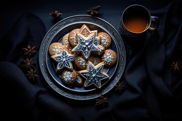 Christmas cookies with decoration on dark blue background