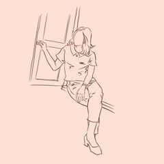 girl with the window vector for card illustration background