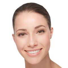 Obraz premium Woman, smile and teeth for dentist portrait clean or wellness smile isolated on transparent png background. Female person, mouth hygiene and dental floss for beauty results, tooth care or whitening