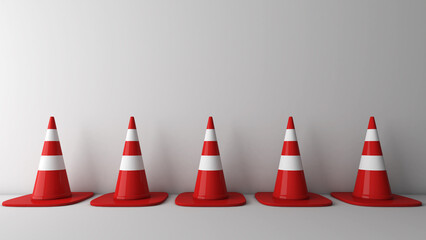 traffic cones arranged on a white background , travel traffic alerts ,3d rendering
