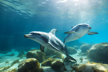 Dolphins swim the seabed