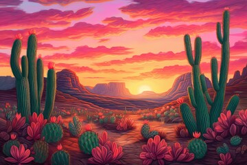Majestic Cacti and Breathtaking Sunset: A Stunning Desert Landscape Drawing, generative AI
