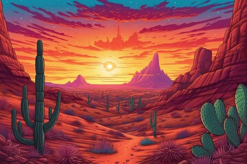 Desert Landscape: Majestic Cacti, Radiant Sunset, Howling Coyote, Star-Filled Sky, generative AI