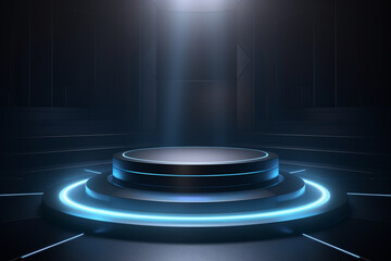 Futuristic illuminated pedestal podium mockup for product presentation generative by ai