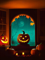Halloween pumpkin head jack lantern  at night. Generative Ai.