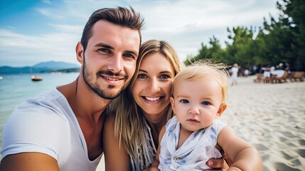 Fototapeta premium Young couple with baby relaxing on the beach