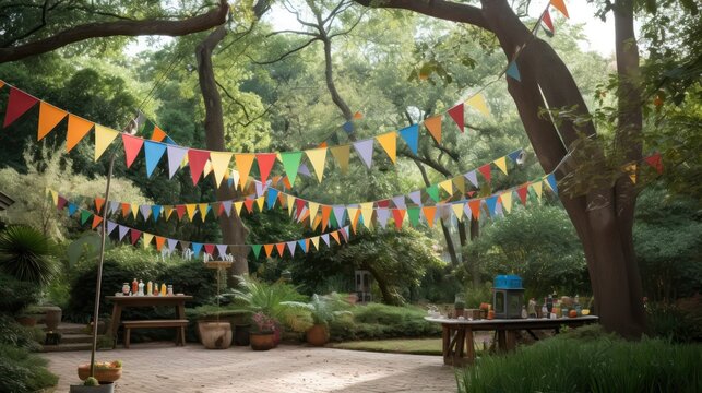 Colorful bunting at the party with trees behind it 