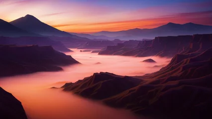 Fotobehang the grandeur of nature, featuring a breathtaking landscape with rolling hills, a meandering river, and a vibrant sunset that paints the sky in hues of orange and purple © Evgenii