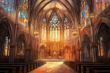 Serene Spirituality: Exploring a Majestic Cathedral with Towering Spires and Intricate Stained Glass Windows, generative AI