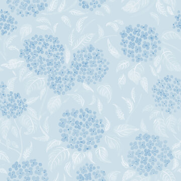 Hand drawn seamless pattern. Summer hydrangea flowers and leaves. Surface for textile, wallpaper, gift wrapping paper, decoration, card, print, wedding invitation, background.
