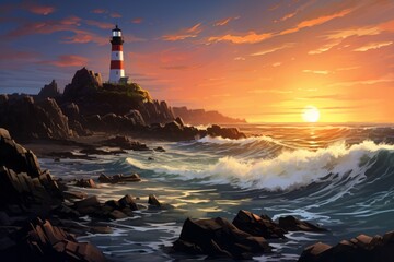Fototapeta premium A serene seascape with crashing waves and a lighthouse standing tall on a rocky cliff.