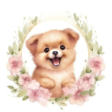 Watercolor illustration of cute happy baby pomeranian puppy in floral circle frame isolated on white background. Digital illustration generative AI.