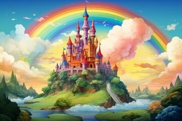 A whimsical fairytale castle on a hill with a rainbow in the sky.