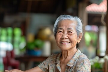 Asian senior or elderly old woman laughing with happy in her home