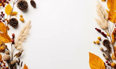 Fotobehang Autumn composition frame made of autumn leaves, acorn, pine cones, flower on white background. Flat lay design, top view © Mangsaab