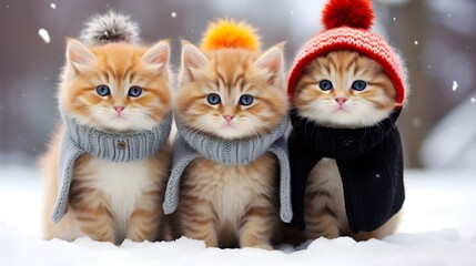 three kittens in winter scarf and hats in the snow