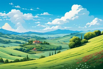 Fototapeta premium A peaceful countryside scene with rolling hills and a clear blue sky.