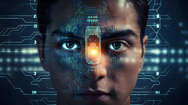 circuit overlay on man's face with binary code on digital background