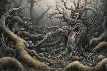 Cycle of Life and Decay: A Hauntingly Beautiful Forest Scene with a Gnarled and Twisted Dead Tree, generative AI