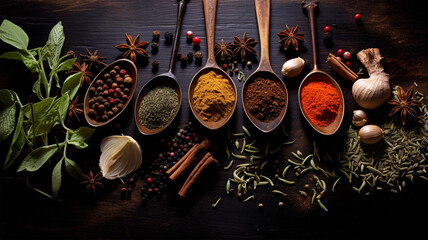 Variety of Herbs and Spices on a Dark Background with Spices on Spoons foods