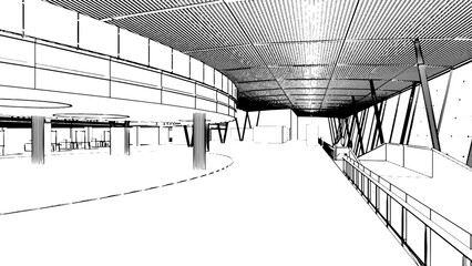 Line drawing of a hallway in a department store.,3d rendering