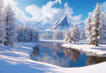 Snowy Landscape. Winter Scenery. Snow-Covered. Nature. Cold. Tranquil. Serene. Frosty. Seasonal. Outdoors. Frosty Trees. Snowfall. White. Frozen. Wilderness. Scenic. Majestic. Beauty. AI Generated.