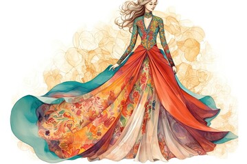 Vibrant Colors & Intricate Details: An Elegant Fashion Illustration of a Flowing Dress Inspired by Haute Couture, generative AI
