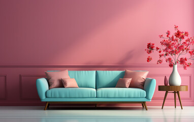 Interior design of a living room with pink and blue colors