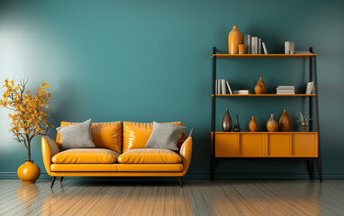 Interior design of a living room with blue and orange colors