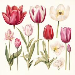 botanical illustration Tulip set, isolated on white background.
