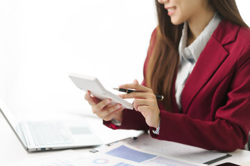 Asian people independent investment consultant captured in her element at office, donning vibrant...