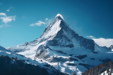 A majestic, snow-capped mountain peak, framed by a clear, azure sky.