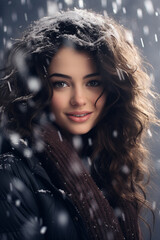 Portrait of beautiful young woman standing under the snow at winter time 