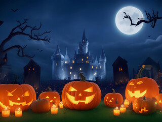 Fototapeta premium Happy Halloween background with scary pumpkin candles in the graveyard at night with a spooky castle background 