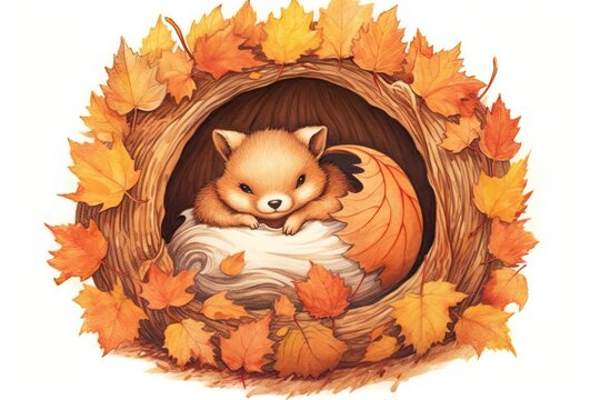 Astounding Autumn Scene: Captivating Hedgehog Drawing Depicting a Cozy Burrow, Acorns, and Serene Hibernation, generative AI