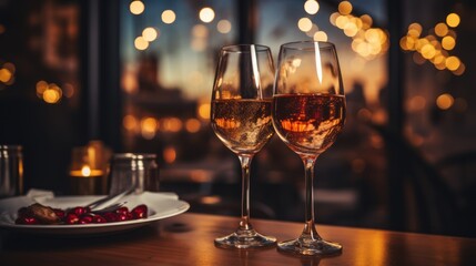 Couple clinking glasses at Valentine's Day dinner in restaurant