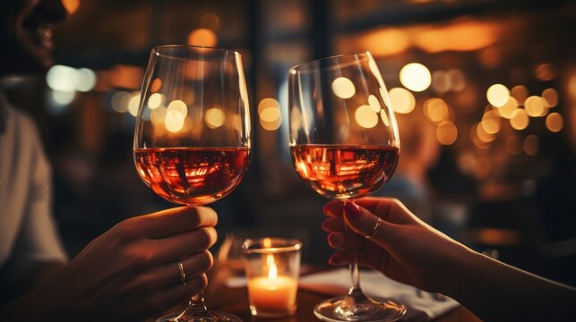 Couple clinking glasses at Valentine's Day dinner in restaurant