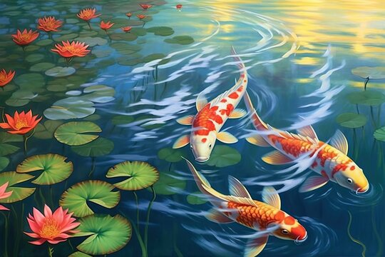 Tranquil Pond: Vivid Koi Fish Swimming in Clear Waters, generative AI