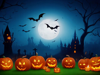 Happy Halloween background with scary pumpkin candles in the graveyard at night with a spooky castle background 