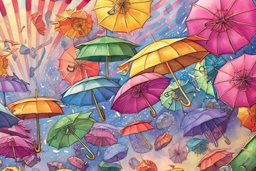 Fototapeta na wymiar Catch the Joy: Whimsical Illustration of Money Raining from the Sky and People Gleefully Collecting with Colorful Umbrellas, generative AI
