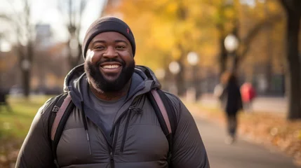 Fotobehang A chubby black man exercising, and a healthy jogger walking in a city park. © sirisakboakaew
