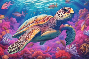 Underwater Paradise: Vibrant Coral Reefs, Graceful Sea Turtle, Tropical Fish, and Marine Life in a Stunning Drawing, generative AI