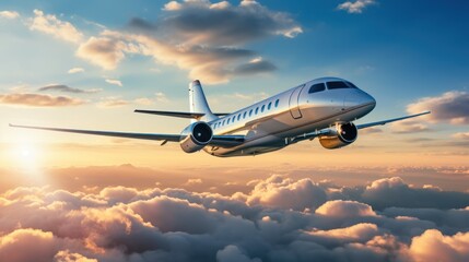 Private jet flying in the blue sky with white clouds in the background. Sunset light business travel concept - obrazy, fototapety, plakaty