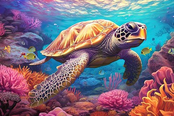 Fototapeta premium Exploring an Underwater Paradise: Graceful Sea Turtles Among Colorful Coral Reefs, generative AI