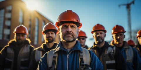 Team engineer holding helmet standing in row on-site work, banner cover design.