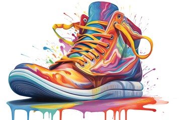 Fashion and Art Fusion: Dynamic and Expressive Shoe Drawing Depicting a Melting Sneaker in Vibrant Paint, generative AI