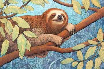 Obraz premium Sleepy Sloth Hangs from Tree Branch: A Charming Depiction with Lush Tropical Foliage, generative AI