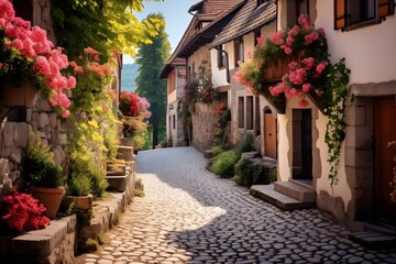 Fototapeta na wymiar A charming, cobblestone street in a picturesque European village.